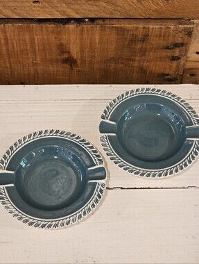 Set Of 2 Vintage 1950's MCM Harker Pottery Company Corinthian Green Ashtrays
